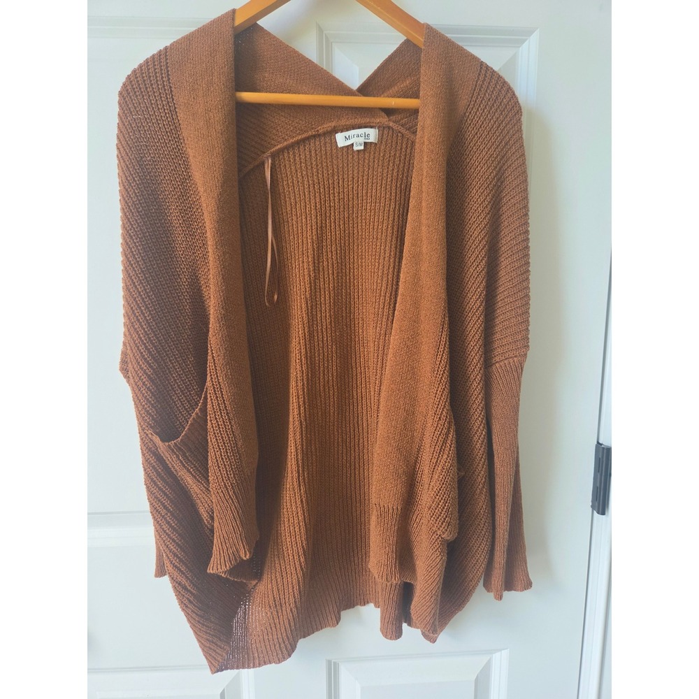 Miracle USA Rust Brown Open Front Cocoon Cardigan Sweater Pockets SM